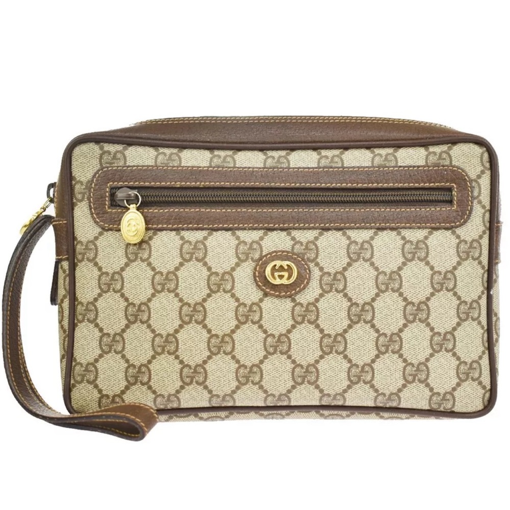 #3 GUCCI GG PATTERN SHERRY CLUTCH BAG PVC LEATHER BROWN USED - LIVE SHOW!